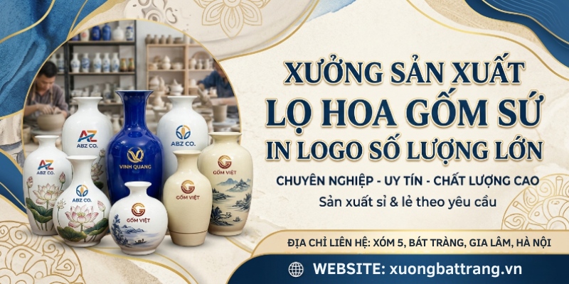 Xưởng sản xuất lọ hoa gốm sứ in logo số lượng lớn đẹp, sang trọng