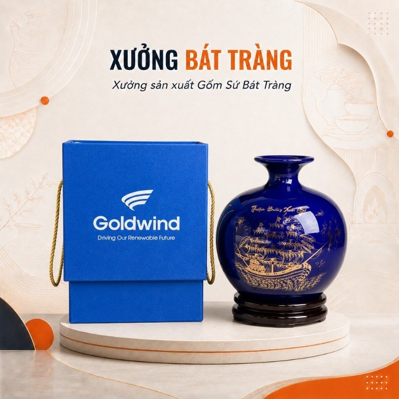 Bình hút lộc vẽ vàng Thuận Buồm Xuôi Gió màu xanh Coban đi kèm hộp xi cứng lót lụa in logo Goldwind