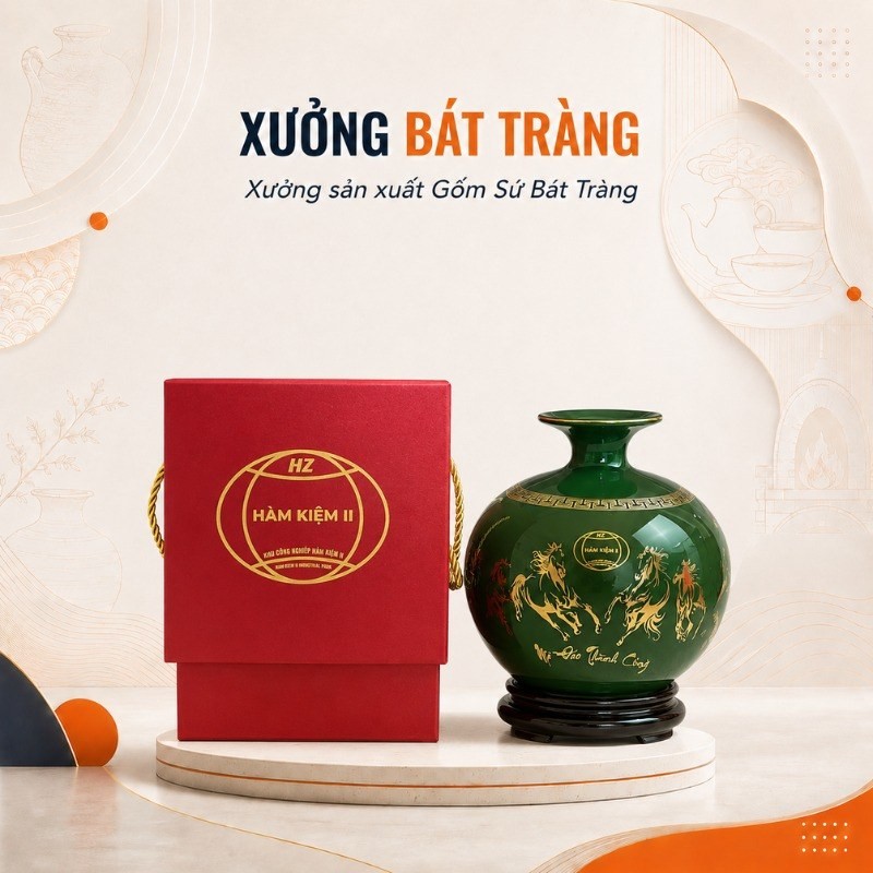 Bình hút lộc vẽ vàng Mã Đáo Thành Công màu xanh lục bảo đi kèm hộp xi đỏ ép kim logo chuyên nghiệp