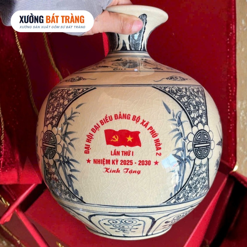 Bình hút lộc in logo men rạn hanh vàng hoạ tiết tứ cảnh chiều cao 25cm XBT-BHL02 - Ảnh 4