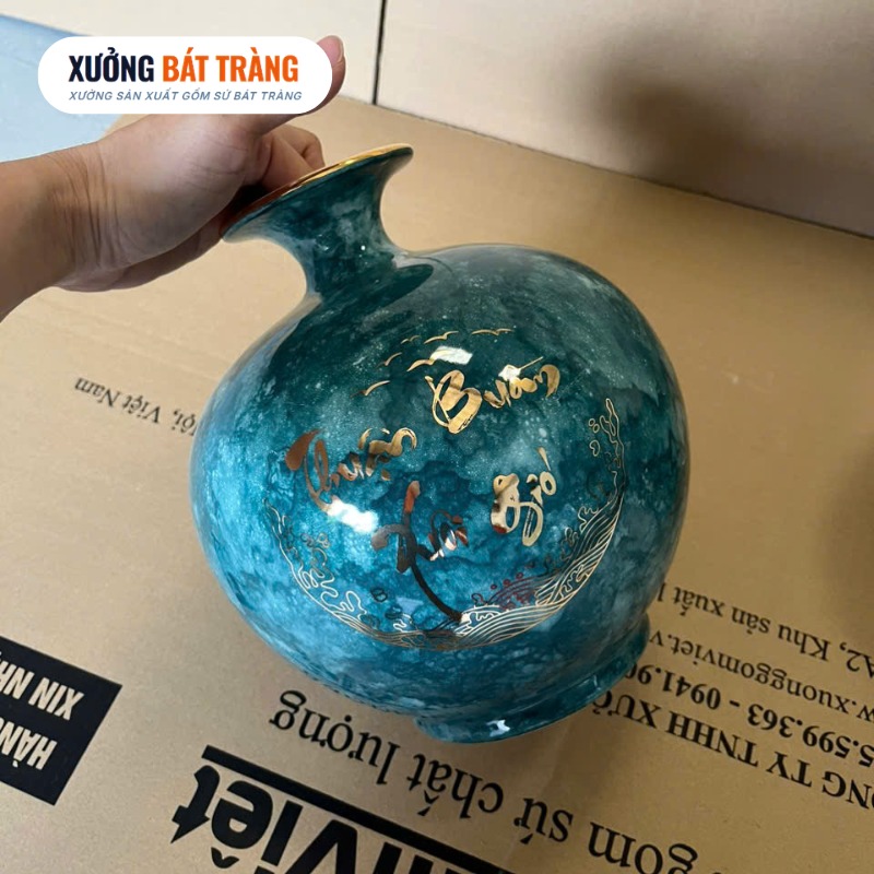Bình hút lộc in logo men xanh vân đá vẽ vàng kim hoạ tiết thuyền buồm chiều cao 22cm XBT-BHL01 - Ảnh 3
