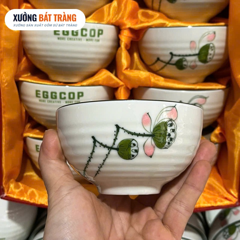Bộ 10 bát cơm in logo men kem hoạ tiết hoa sen hồng XBT-BC03 - Ảnh 4