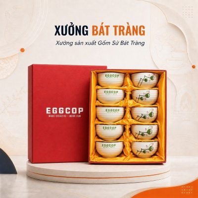 Bộ 10 bát cơm in logo men kem hoạ tiết hoa sen hồng XBT-BC03 - Ảnh đại diện