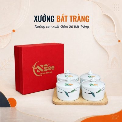 Bộ 4 hũ mứt quà tặng in logo dáng tròn màu trắng hoạ tiết lá trúc XBT-KM02 - Ảnh đại diện