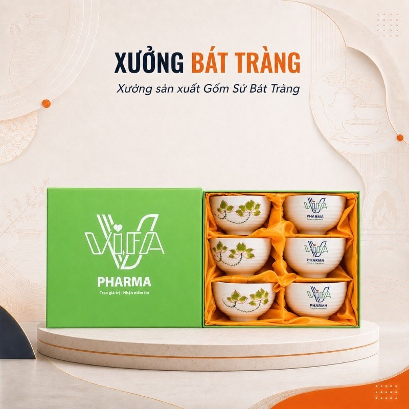 Bộ 6 bát cơm in logo men kem hoạ tiết sen vàng XBT-BC01 đặt trong hộp quà tặng lót lụa vàng chỉn chu