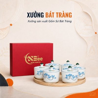 Bộ 6 hũ mứt quà tặng in logo dáng tròn màu trắng hoạ tiết sen xanh XBT-KM04 - Ảnh đại diện