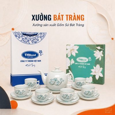 Bộ ấm chén in logo men sứ trăng dáng bưởi cành hoạ tiết hoa sen xanh XBT-AC01 - Ảnh đại diện