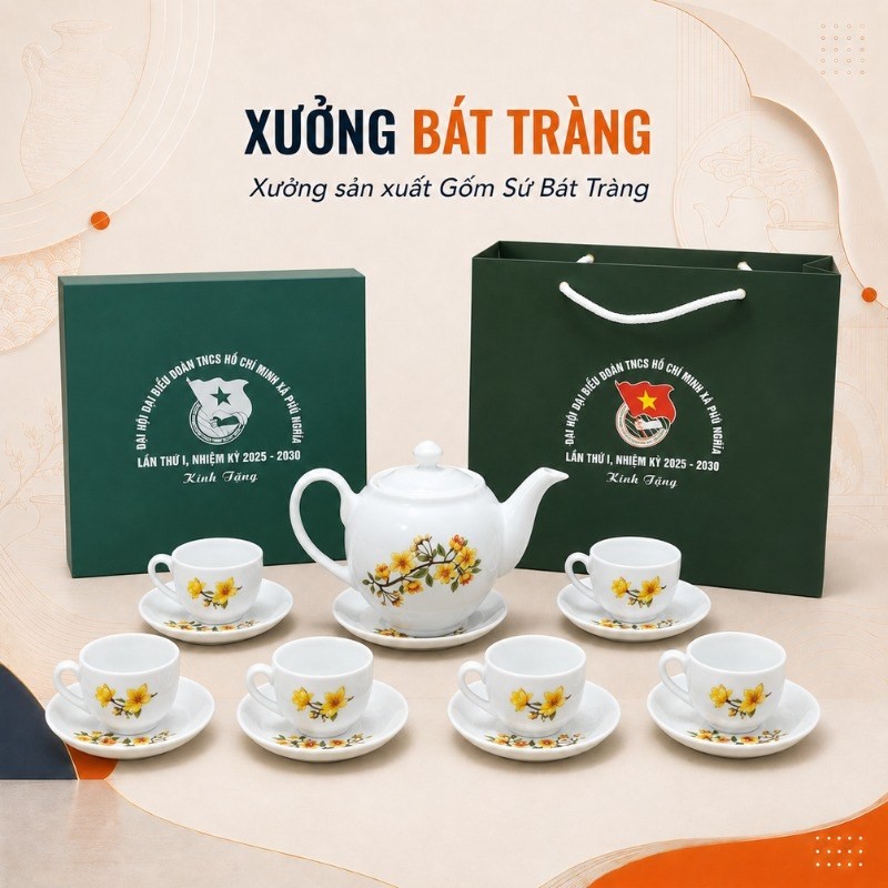 Bộ ấm chén quà tặng men sứ trăng dáng Minh Long hoạ tiết hoa mai XBT-AC03