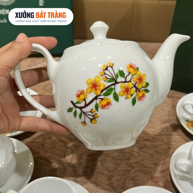 Bộ ấm chén quà tặng men sứ trăng dáng Minh Long hoạ tiết hoa mai XBT-AC03 - Ảnh 3