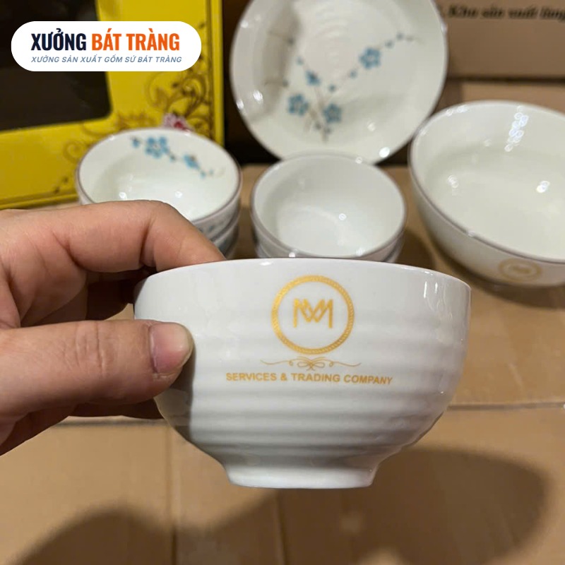 Bộ bát đĩa in logo 8 món men kem vẽ hoạ tiết hoa đào xanh XBT-BĐ01 - Ảnh 5