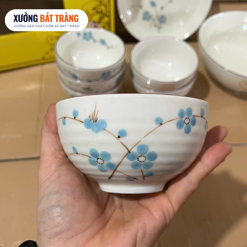 Bộ bát đĩa in logo 8 món men kem vẽ hoạ tiết hoa đào xanh XBT-BĐ01 - Ảnh 4