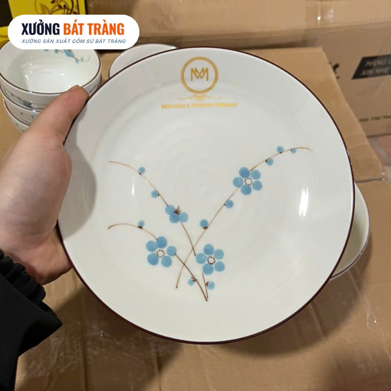 Bộ bát đĩa in logo 8 món men kem vẽ hoạ tiết hoa đào xanh XBT-BĐ01 - Ảnh 3