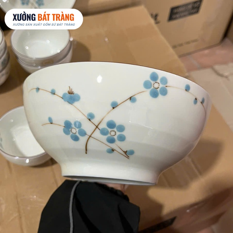 Bộ bát đĩa in logo 8 món men kem vẽ hoạ tiết hoa đào xanh XBT-BĐ01 - Ảnh 2