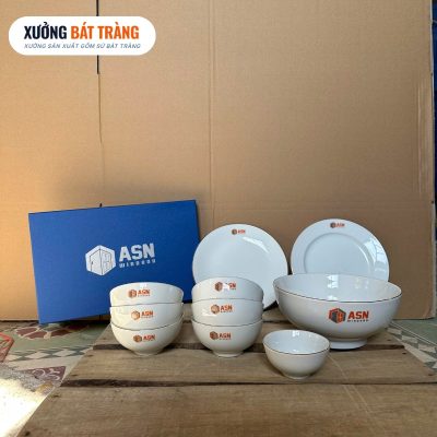 Alternative view of Bộ bát đĩa quà tặng in logo 10 món men sứ trắng XBT-BĐ03