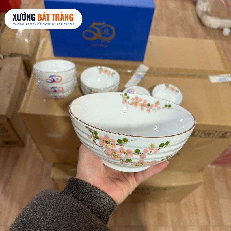 Bộ bát đĩa in logo 10 món men sứ trắng hoạ tiết hoa đào hồng XBT-BĐ04 - Ảnh 7