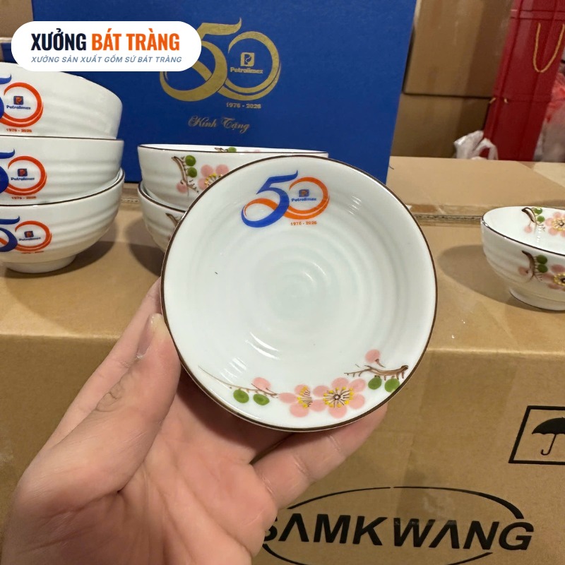 Bộ bát đĩa in logo 10 món men sứ trắng hoạ tiết hoa đào hồng XBT-BĐ04 - Ảnh 6