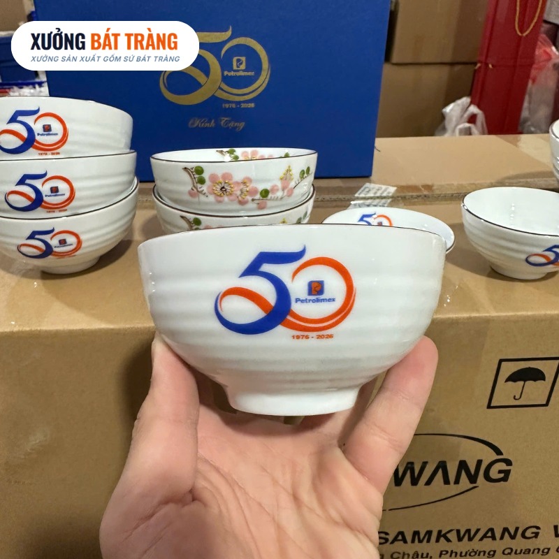 Bộ bát đĩa in logo 10 món men sứ trắng hoạ tiết hoa đào hồng XBT-BĐ04 - Ảnh 5