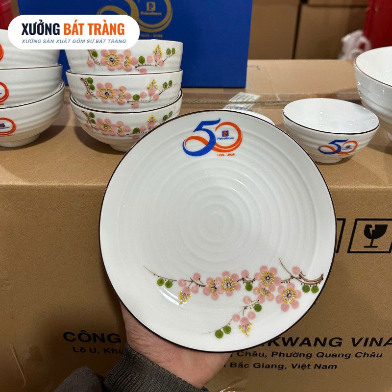 Bộ bát đĩa in logo 10 món men sứ trắng hoạ tiết hoa đào hồng XBT-BĐ04 - Ảnh 4