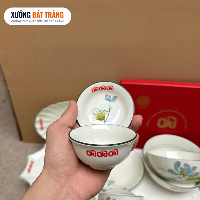 Bộ bát đĩa in logo 13 món men sứ trắng hoạ tiết hoa sen XBT-BĐ05 - Ảnh 6