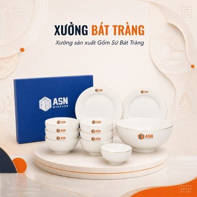 Bộ bát đĩa in logo 10 món men sứ trắng XBT-BĐ03 - Ảnh đại diện
