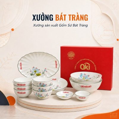 Bộ bát đĩa in logo 13 món men sứ trắng hoạ tiết hoa sen XBT-BĐ05 - Ảnh đại diện