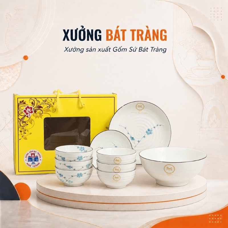 Bộ bát đĩa in logo 8 món men kem vẽ hoạ tiết hoa đào xanh XBT-BĐ01 kèm hộp quà tặng sang trọng