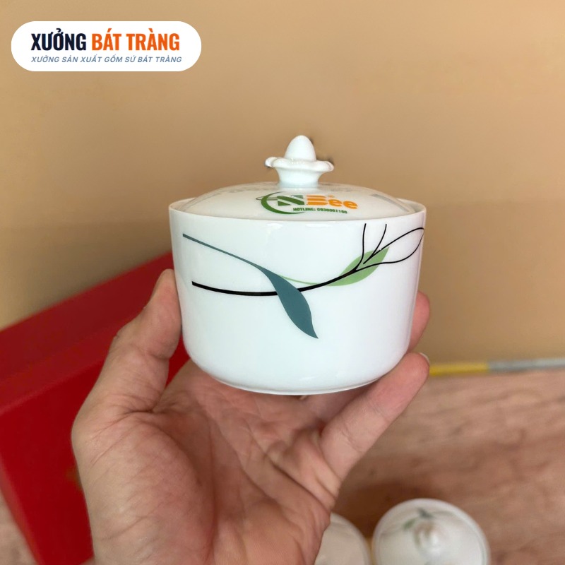 Bộ 4 hũ mứt quà tặng in logo dáng tròn màu trắng hoạ tiết lá trúc XBT-KM02 - Ảnh 4