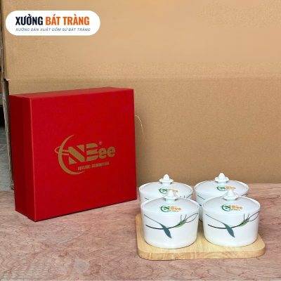 Alternative view of Bộ 4 hũ mứt quà tặng in logo dáng tròn màu trắng hoạ tiết lá trúc XBT-KM02