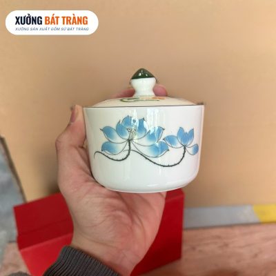 Alternative view of Bộ 6 hũ mứt quà tặng in logo dáng tròn màu trắng hoạ tiết sen xanh XBT-KM04