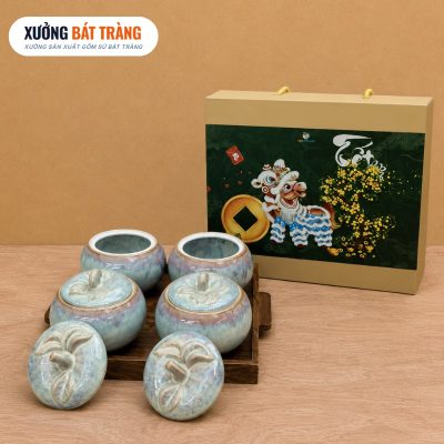 Alternative view of Bộ 4 hũ mứt quà tặng dáng quả bí men xám hoả biến XBT-KM05