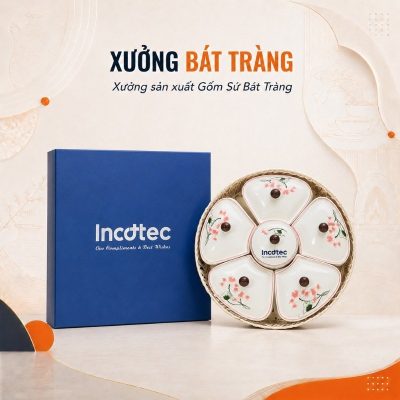 Bộ khay mứt quà tặng in logo dáng 5 cánh hoa màu trắng hoạ tiết hoa sen hồng XBT-KM03 - Ảnh đại diện