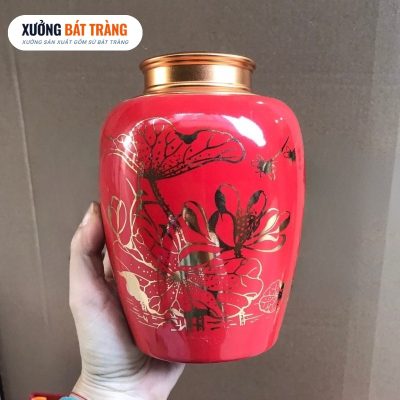 Alternative view of Hũ đựng trà in logo màu đỏ vẽ vàng kim hoạ tiết hoa sen XBT-HT05