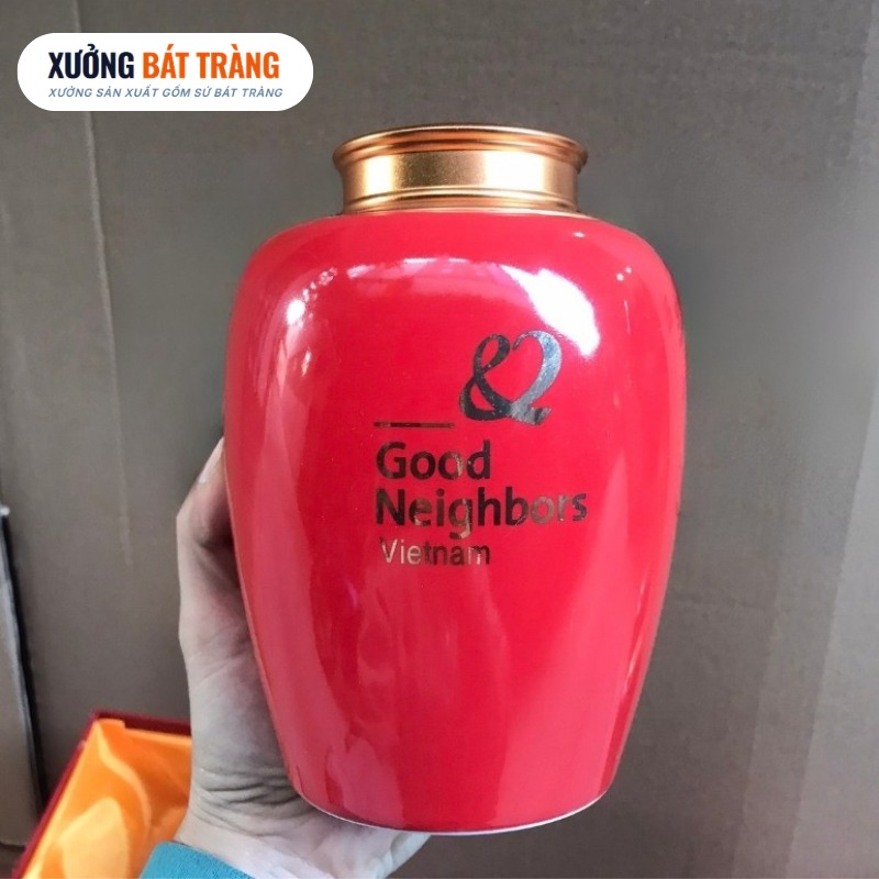 Hũ đựng trà in logo màu đỏ vẽ vàng kim hoạ tiết hoa sen XBT-HT05 - Ảnh 3