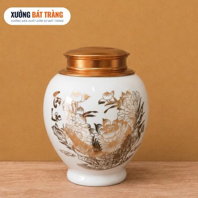 Alternative view of Hũ đựng trà in logo màu trắng vẽ vàng hoạ tiết hoa sen XBT-HT04