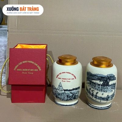Alternative view of Hũ đựng trà quà tặng in logo men rạn hanh vàng vẽ cảnh theo yêu cầu XBT-HT01