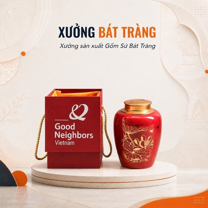 Hũ đựng trà in logo màu đỏ vẽ vàng kim hoạ tiết hoa sen XBT-HT05