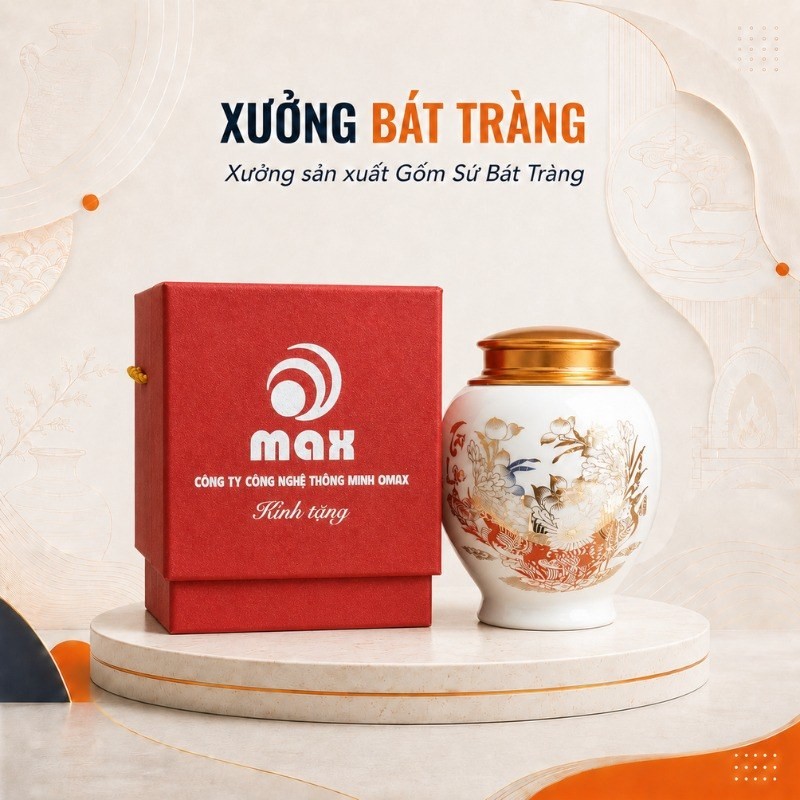 Hũ đựng trà in logo màu trắng vẽ vàng hoạ tiết hoa sen XBT-HT04 đi kèm hộp quà tặng màu đỏ lịch sự