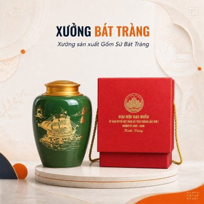 Hũ đựng trà in logo màu xanh lục vẽ vàng kim hoạ tiết thuyền buồm XBT-HT02 - Ảnh đại diện