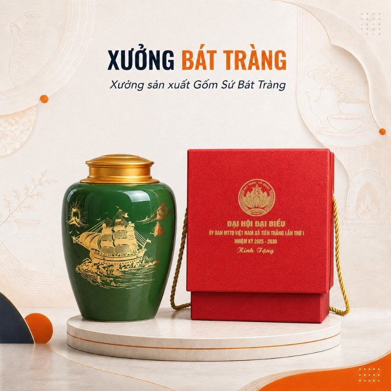 Hũ đựng trà in logo màu xanh lục vẽ vàng kim hoạ tiết thuyền buồm XBT-HT02 kèm hộp đựng chuyên nghiệp