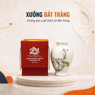 Lọ hoa in logo màu trắng dáng trứng loe vẽ hoạ tiết hoa sen chiều cao 24cm XBT-LH02 - Ảnh đại diện