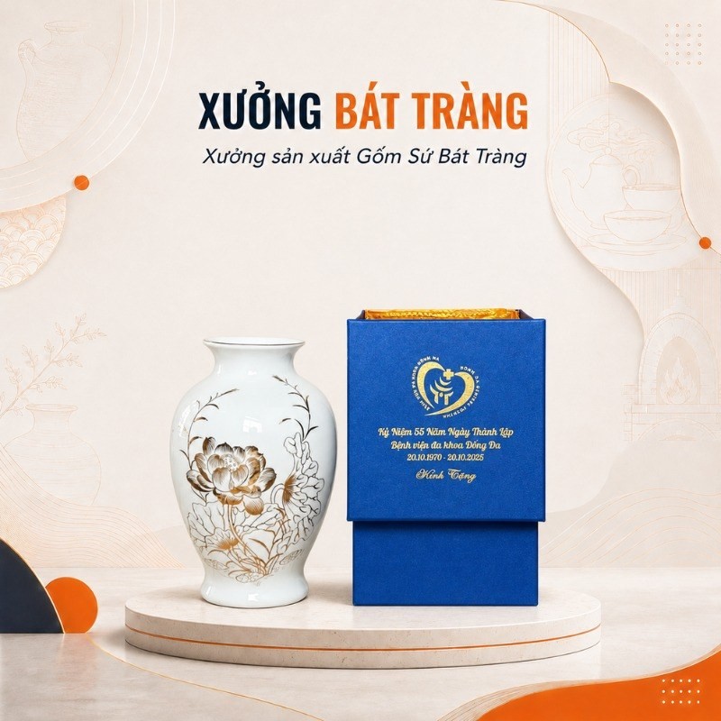 Lọ hoa in logo màu trắng dáng trứng loe vẽ vàng kim hoạ tiết hoa sen chiều cao 24cm XBT-LH03 đi kèm hộp xi lót lụa