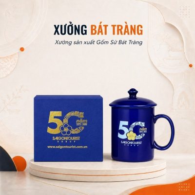 Ly sứ in logo dáng trụ quai C có nắp màu xanh coban dung tích 350ml XBT-LS02 - Ảnh đại diện